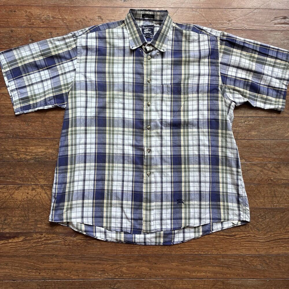 Vintage Burberry Mens XL Short Sleeve Plaid Button Down Shirt Blue Green Yellow